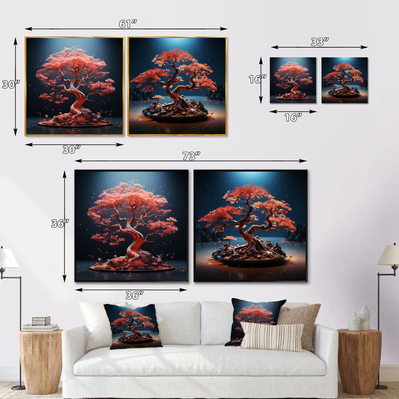 «Neon Coral Bonsai Euphoria», 2 pièces, H 16 po x l 33 po, Cadre blanc