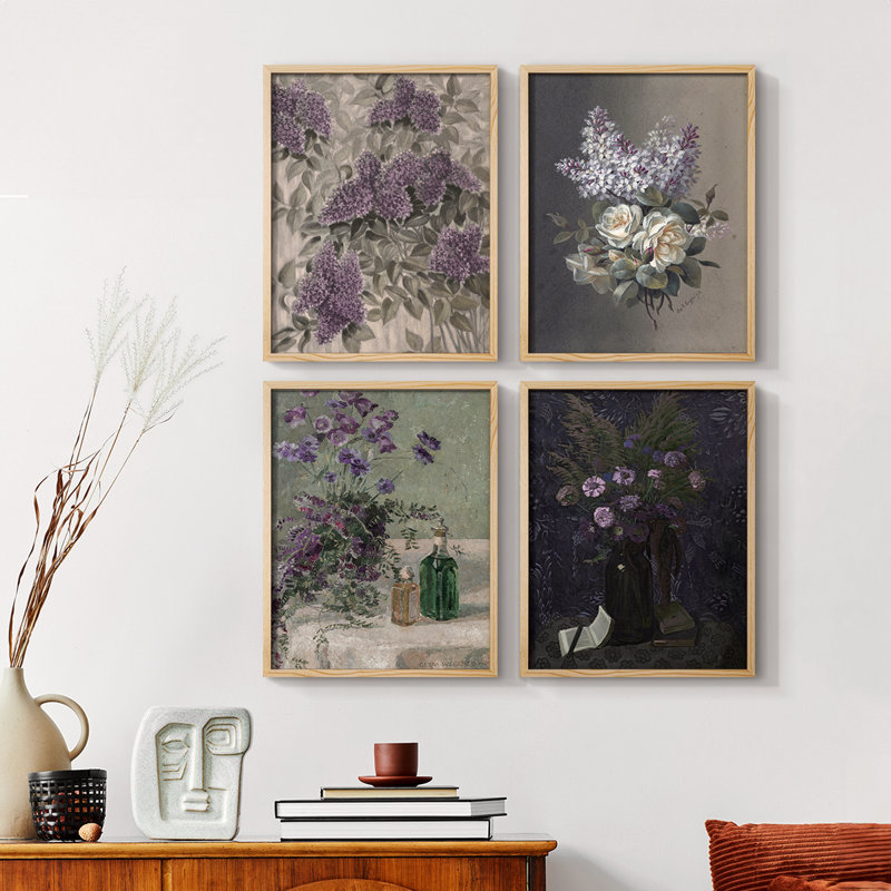 «Vintage Floral Print», impression encadrée CCL XXI - ensemble de 4, Noir, H 32 po x l 10 po