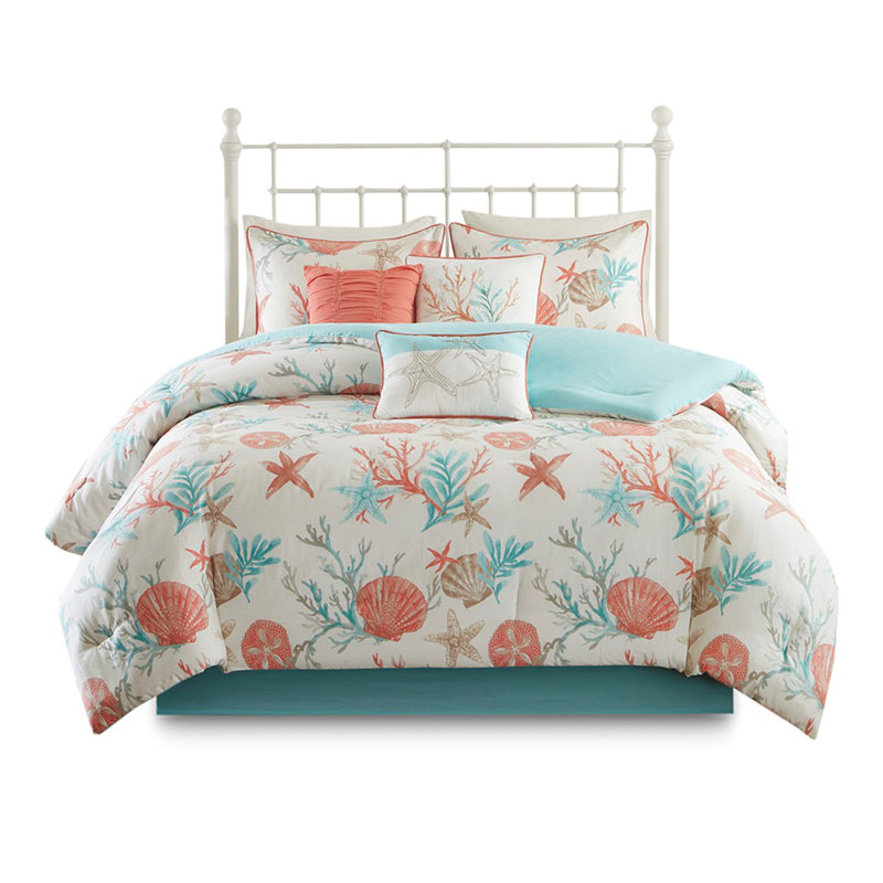 Ensemble d'édredon en satin de coton 7 pièces corail