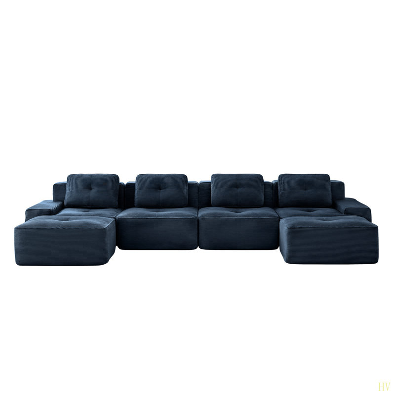 153" Modern U-Shaped Modular Sectional Sofa For Living Room, Corduroy Fabric,4-Seater Couch With Deep Seat And 2-Movable Ottoman,Pearl-Like Piping, Tufted Design, No Assembly, Anti-Slip Design​