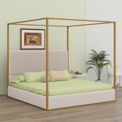 Modern Luxury Metal Canopy Bed With Tall Upholstered Headboard And Four Poster