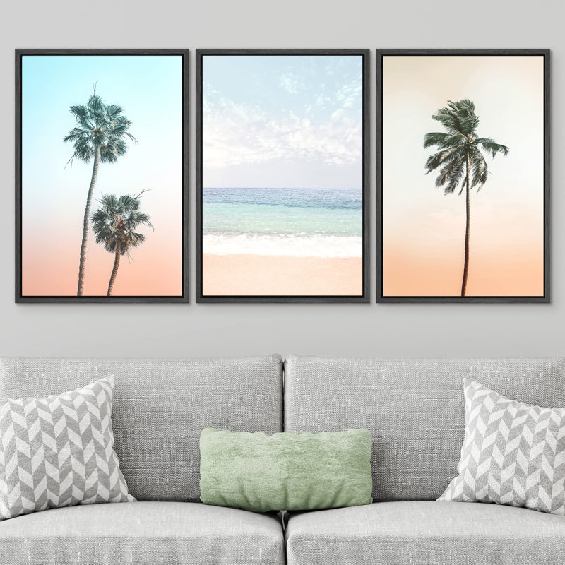 Beach And Plants " Pastel Sky Retro Palm Tree Island Beach Shore Coastal Nautical Photography Modern Art Decor " 3 - Pieces