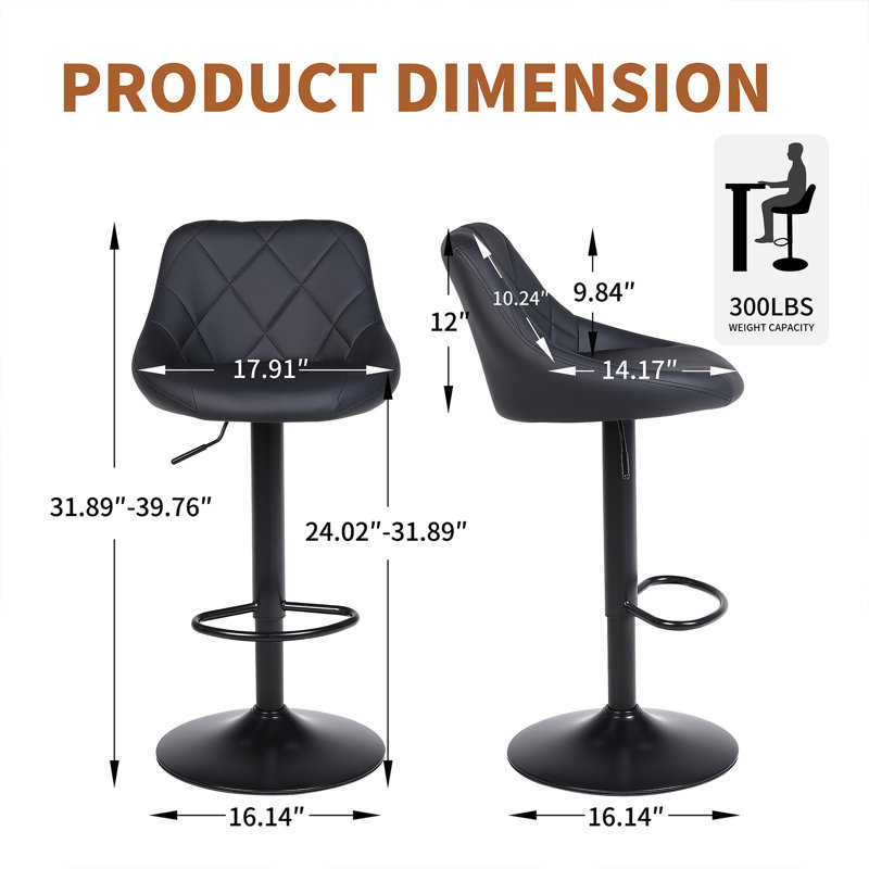 Illyas Swivel Upholstered Adjustable Height Counter Stool with Metal Frame, Black, 1
