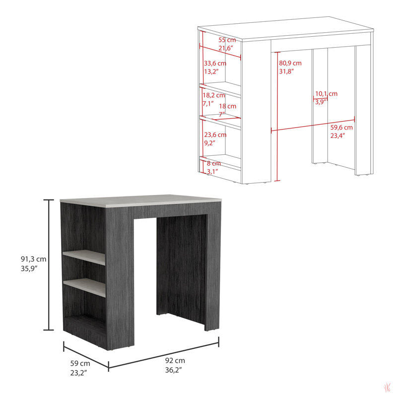 Îlot de cuisine Malahki Doyle, 3 tablettes, plateau en marbre, largeur x 36,2 po, Blanc, Gris foncé