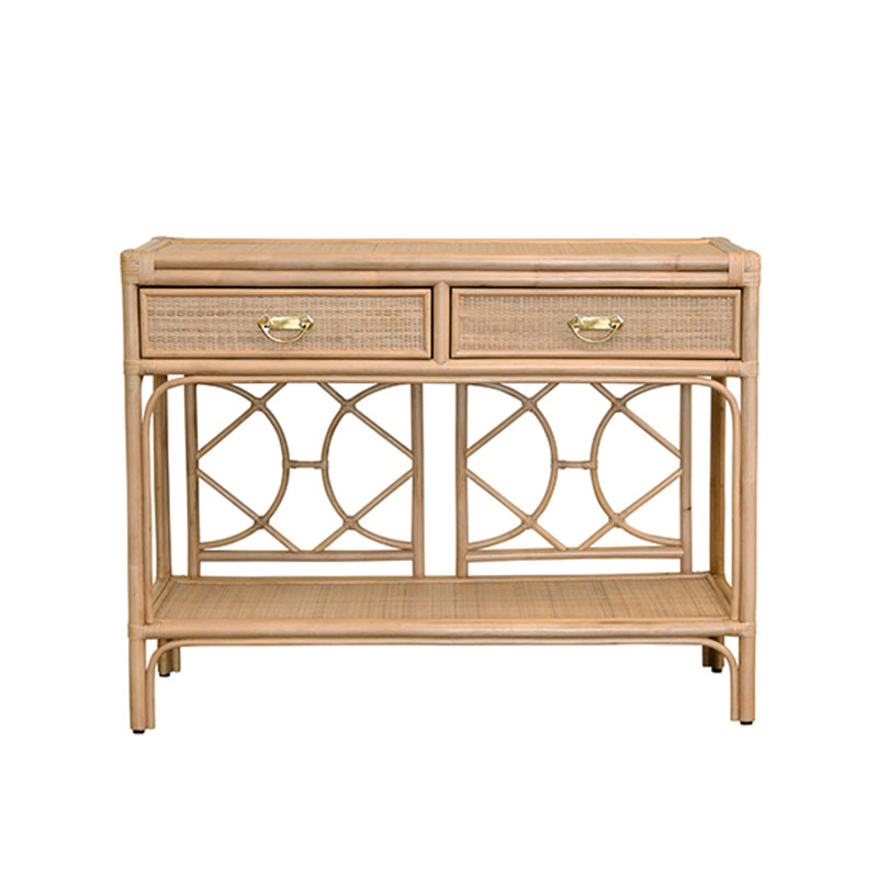 Two Drawer Console with Decorative Back Rattan, Brown