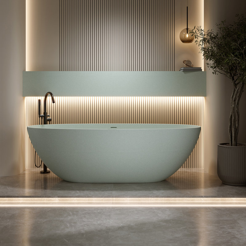 Baignoire de trempage autoportante en résine de 71 po à surface solide avec trop-plein et bonde escamotable, Vert turquoise