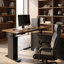 Bureau assis-debout en L noir/noyer de 140 cm (55 po) de large avec armoire de rangement et réglage en hauteur.