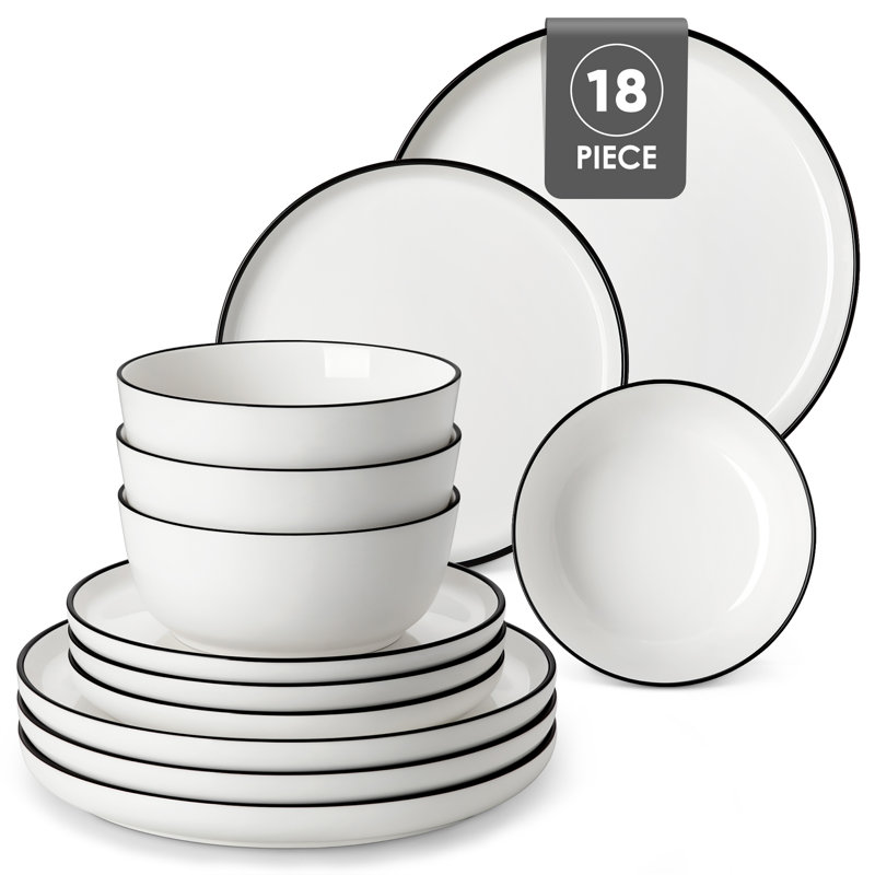 Piece Porcelain China Dinnerware Set - Service for 6, Black/White/Ivory