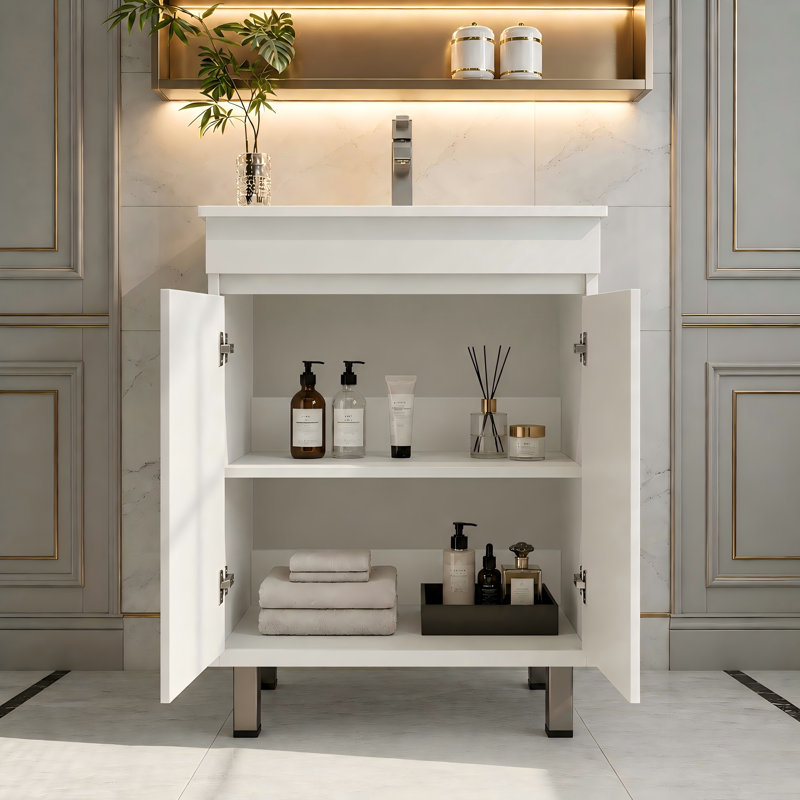 24" Single Bathroom Vanity with Ceramic Top and two Buffer Cabinet Doors