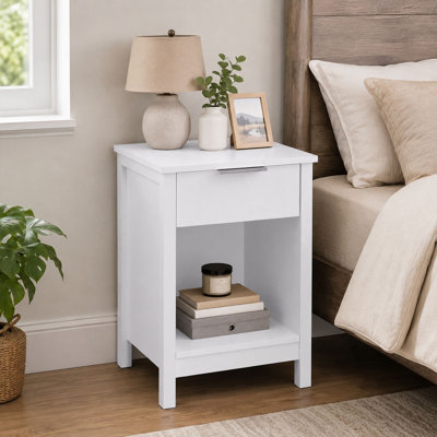 Wood Nightstand with Storage Drawer & Bottom Open Shelf, Modern Small Freestanding Bed Side Table End Table for Bedroom, Living Room and Small Space