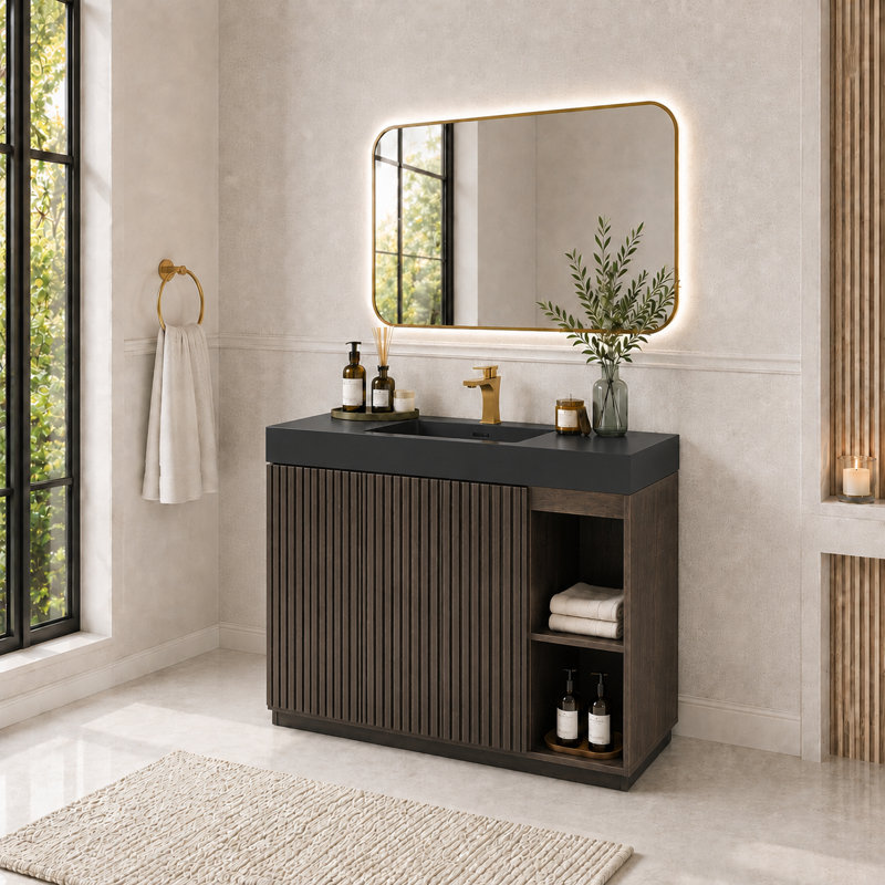 Meuble-lavabo autoportant de 122 cm (48 po) avec lavabo monobloc en surface solide, armoire de rangement spacieuse, fermeture amortie et design moderne