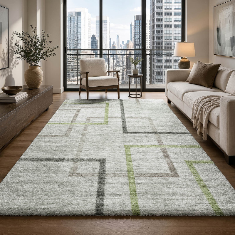 Shag Washable Geometric Indoor Rug, Vert, 10 pi x 14 pi