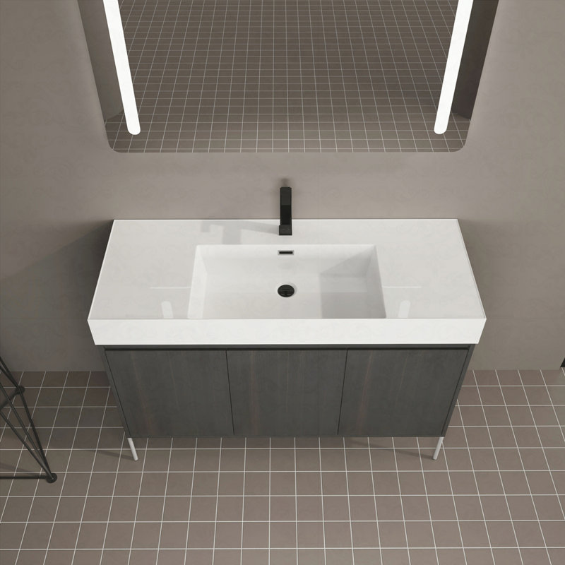 Meuble-lavabo autoportant avec lavabo en résine, armoire de rangement avec portes à fermeture douce, 48"