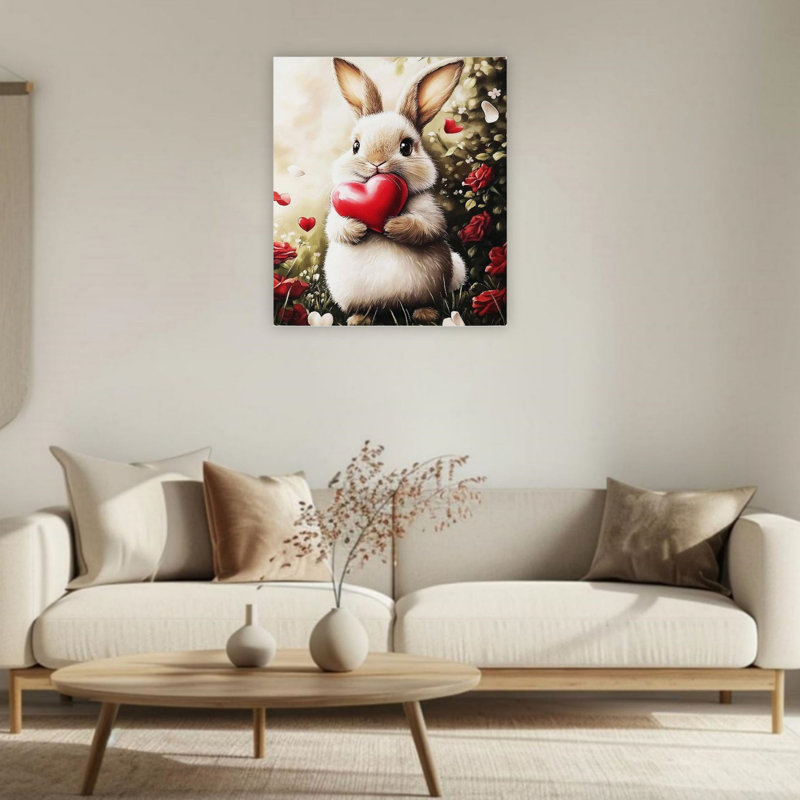 Lapin et cœur rétro, art mural 24 po x 36 po