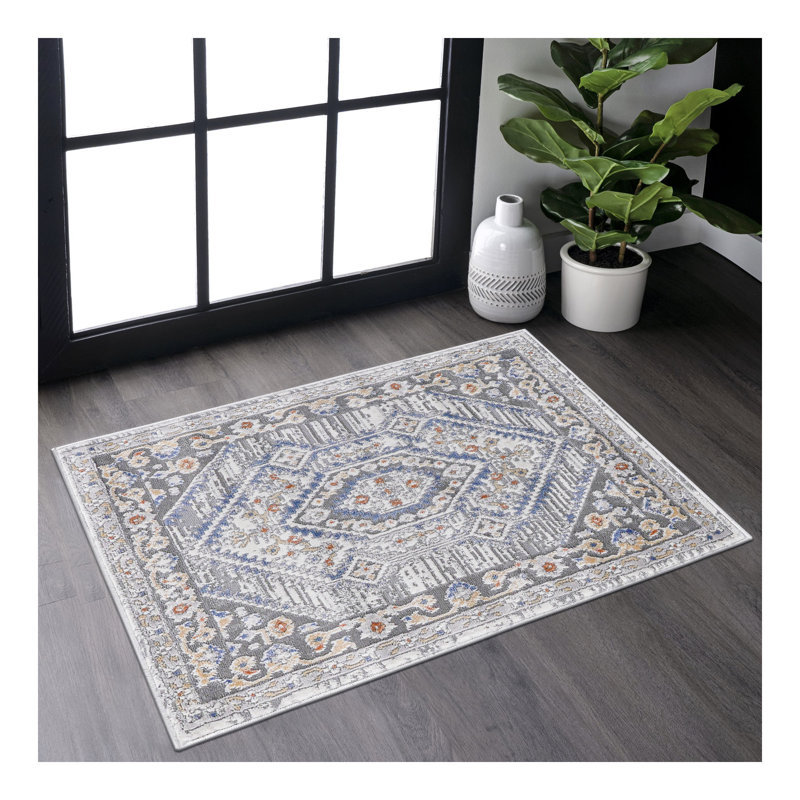 Collection Blue/Cream/Bordered Non-Shedding Living Room Bedroom Dining Home Office Stylish and Stain Resistant Area Rug