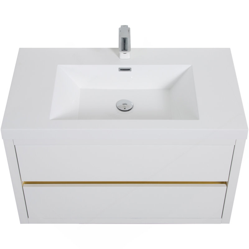 Meuble-lavabo mural 36 po avec lavabo, meuble de rangement flottant pour salle de bain avec comptoir en résine de pierre et tiroirs à fermeture en douceur, blanc brillant