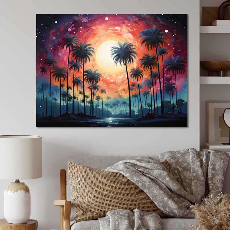 Palmiers sur un coucher de soleil coloré II, reproduction sur toile, Toile tendue, H 12 po x l 20 po x P 1 po