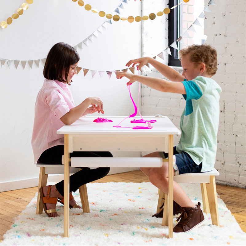 Wildkin Kids Arts & Crafts Table Set – Mid-Century Modern Design with 2 Stools, Storage Cubbies & Paper Roll - White