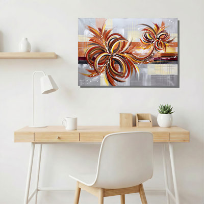 Toile murale abstraite à motifs tourbillonnants orange et brun avec éclaboussures de peinture blanche