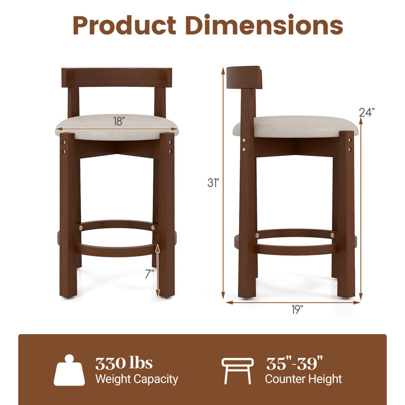 24'' 2PCS Counter Height Bar Stools Set of 2 w/Backrests & Footrests for Kitchen, 4