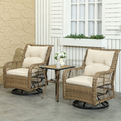3 Pieces Wicker Bistro Set, Rattan Patio Furniture Set with Swivel Rocking Chairs and Storage Table, Thickened Cushions, Small Patio Set for Balcony, by Red Barrel Studio