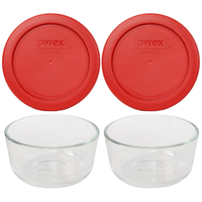 Pyrex (2) 7202 1-Cup Glass Bowls & (2) 7202-PC 1-Cup Lids, Poppy Red