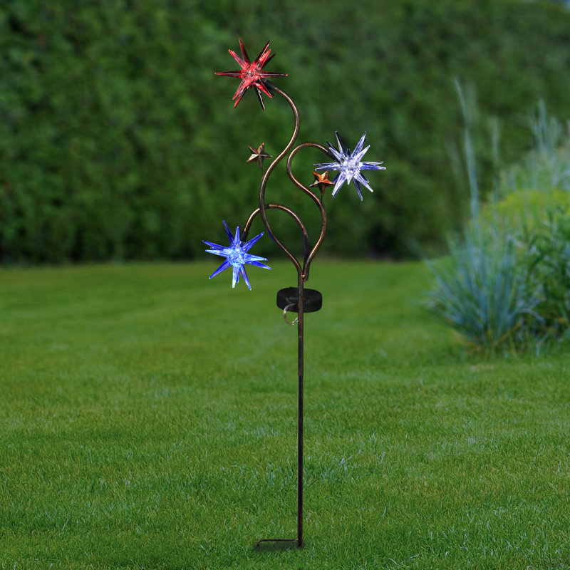 Exhart Solar Patriotic Triple Starburst Garden Stake in Red, White, and Blue with Three LED Lights, 11x33"