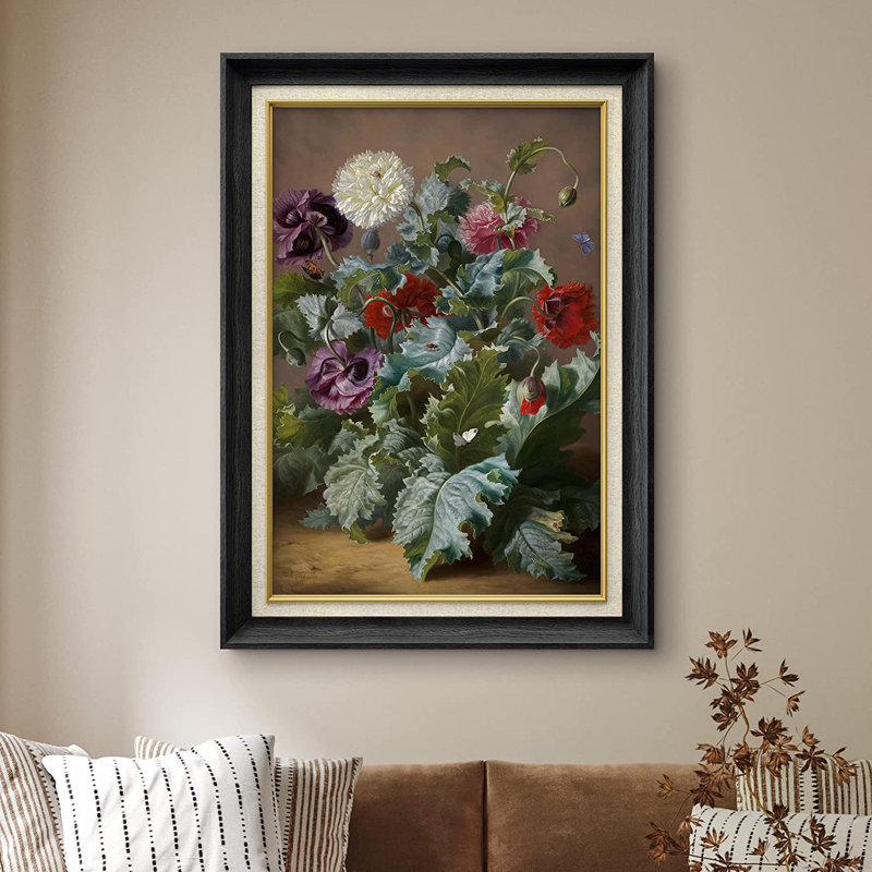 Fleurs de jardin mauves et rouges - Peinture sur toile encadrée, Noir