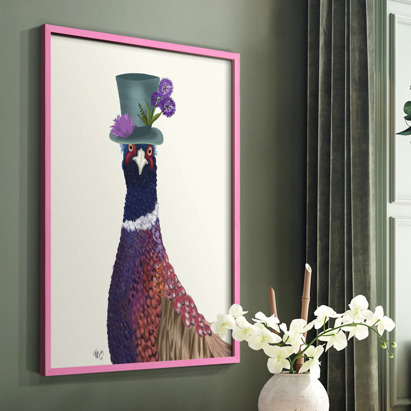 Faisan au chapeau bleu, reproduction encadrée - bois massif, Rose, H 10 po x l 8 po