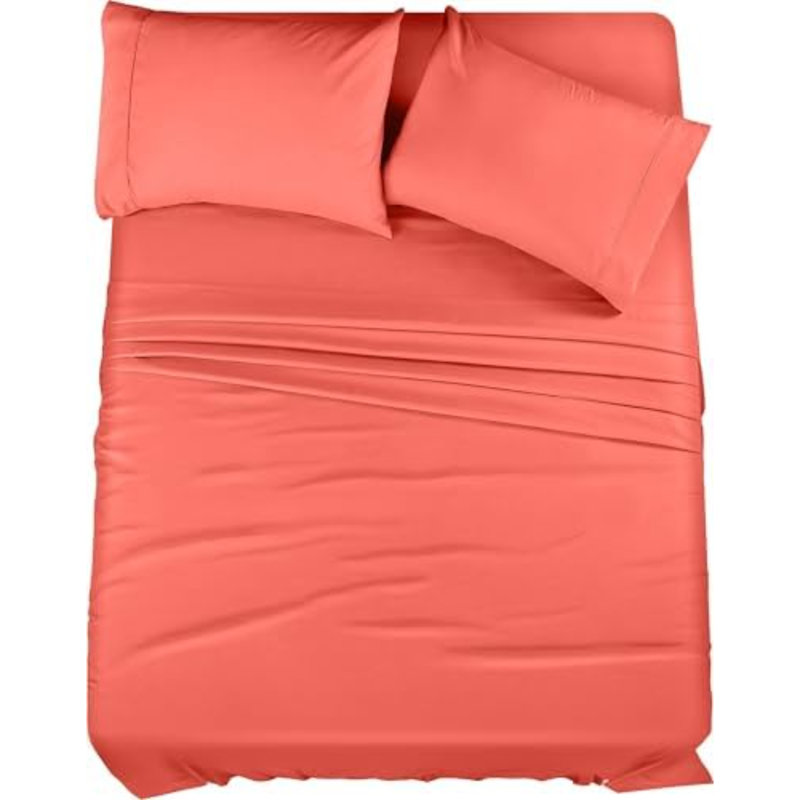 Full Sheet Set – 4 Piece Bed Sheets For Full Size Bed, Soft And Breathable Microfiber, Includes 1 Fitted Sheet, 1 Flat Sheet And 2 Pillowcases (Coral)