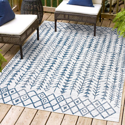 Allain Bohemian Geometric Ivory/Blue Indoor/Outdoor Rug