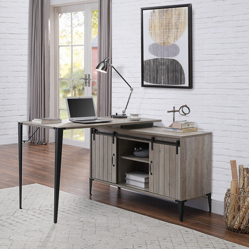 L-Shape Writing Desk With Side Cabinet, Black, Gray/Black