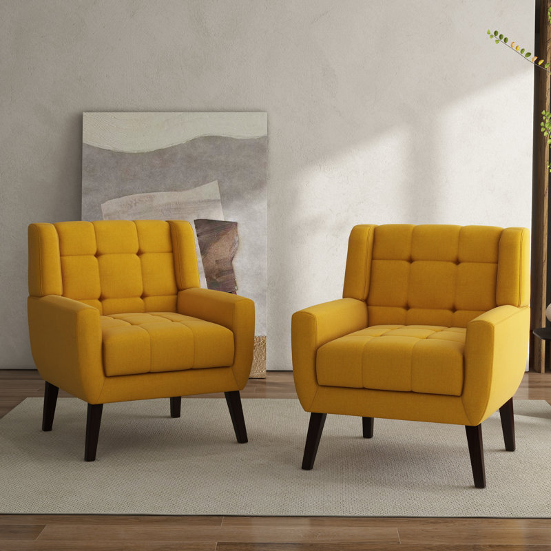 Yellow Linen Tufted Accent Armchair Set with Solid Wood Legs
