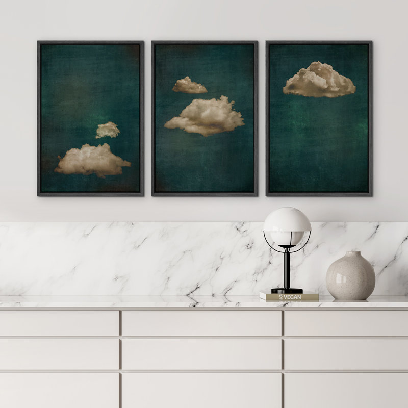 Ensemble de 3 reproductions sur toile flottantes sur fond de nuages abstrait bicolore bleu marine foncé, Noir