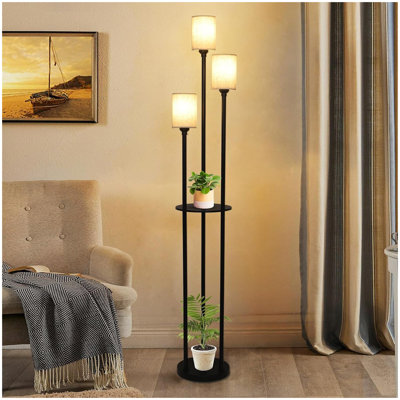 Lampe sur pied avec tablettes, lampes sur pied modernes pour le salon, lampe sur pied à 3 lumières avec abat-jour en lin et interrupteur au pied, lampes sur pied industrielles pour la chambre à coucher, grande lampe de table noire pour le bureau