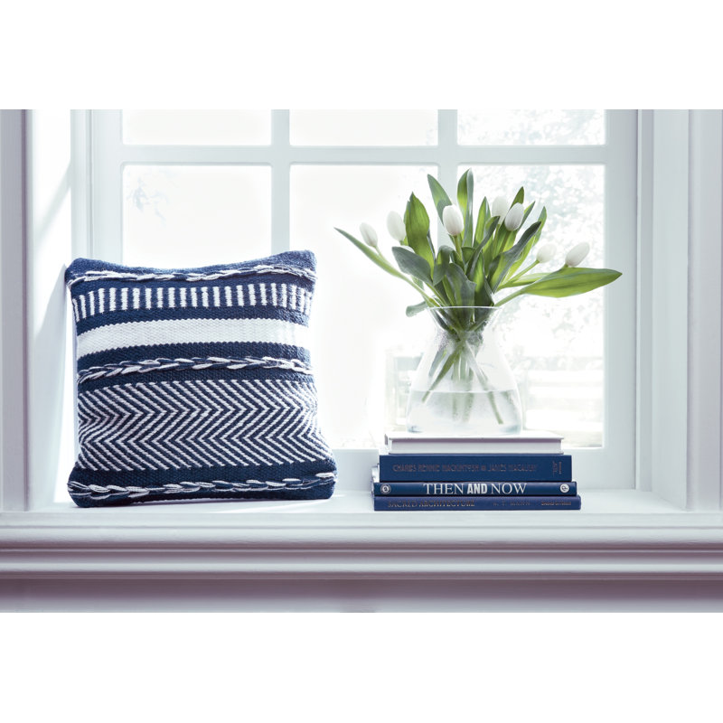 Lonniel Indoor / Outdoor Chevron Square Throw Pillow, Navy/White