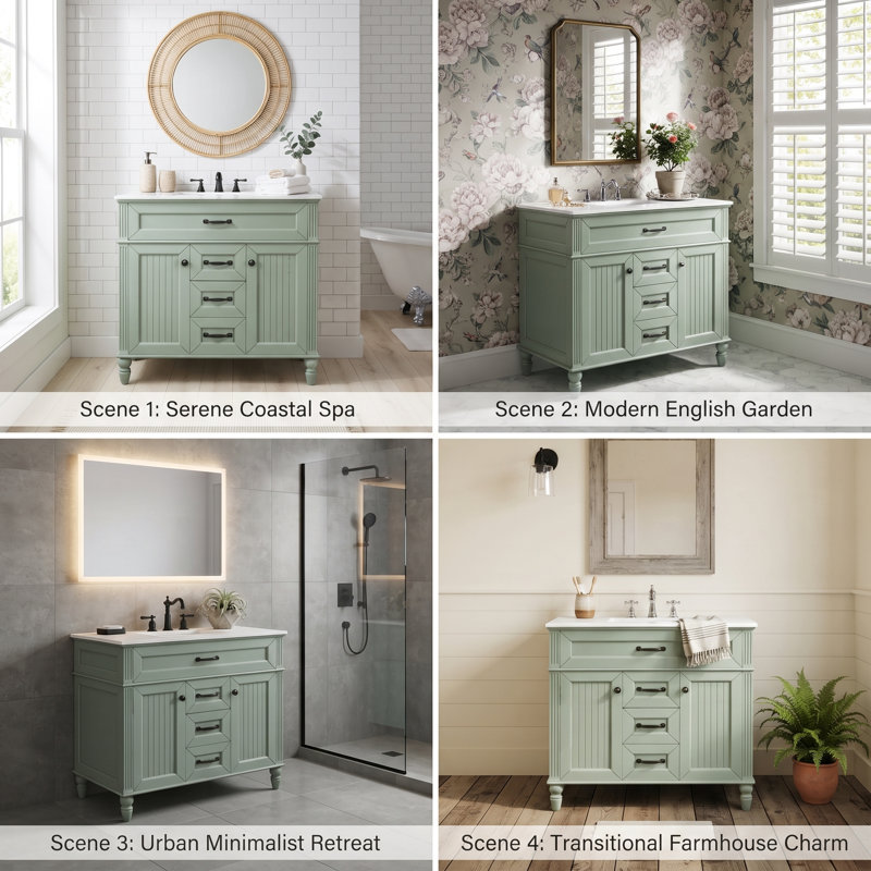 36" Solid Wood & MDF Vanity Combo With Sink, Heavy-Duty Storage Cabinet With Soft-Close Doors & 3 Drawers (White / Black / Green)