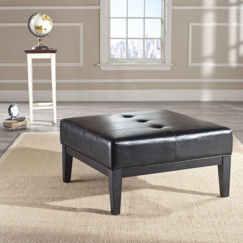 Alesha Faux Leather Ottoman, Black Faux Leather