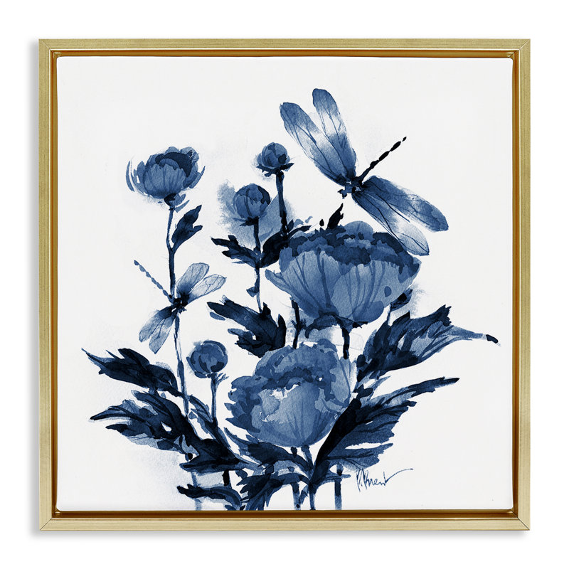 Cadre flottant indigo pivoines et libellules, design par Paul Brent, H 25 po x l 25 po, Cadre flottant métallique doré