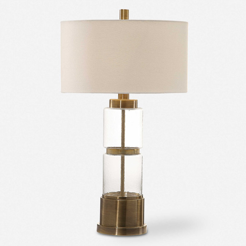 Vaiga Clear Glass and Brass Table Lamp with White Drum Shade