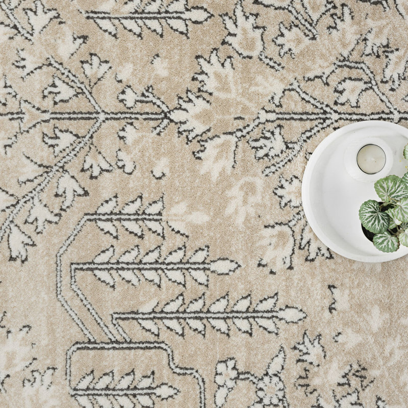 Tapis traditionnel beige et gris à motif floral Abani Kruse SAV200A, Rectangle 4pi x 6 pi