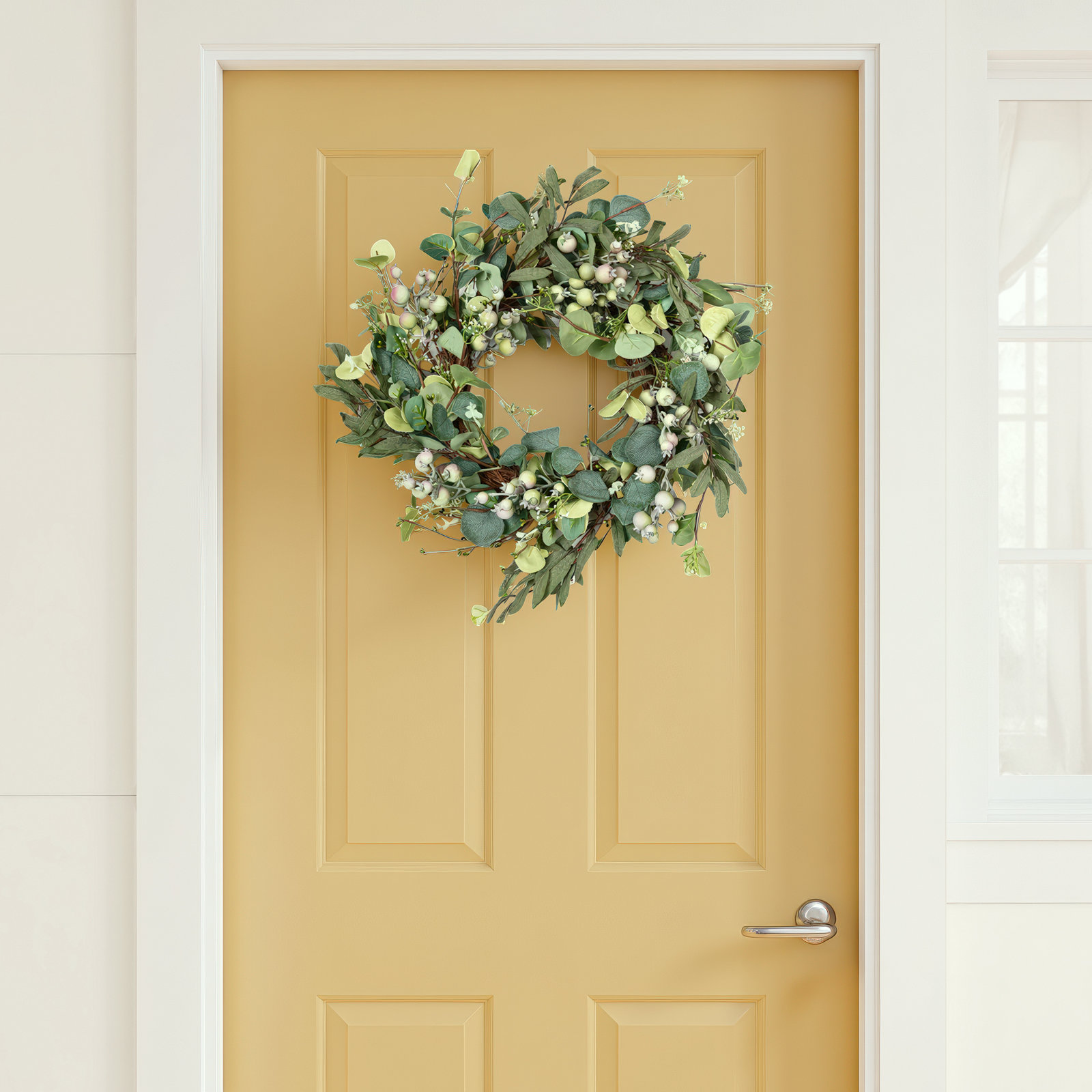 18" Farmhouse Artificial Spring Summer Eucalyptus Berry Front Door Wreath