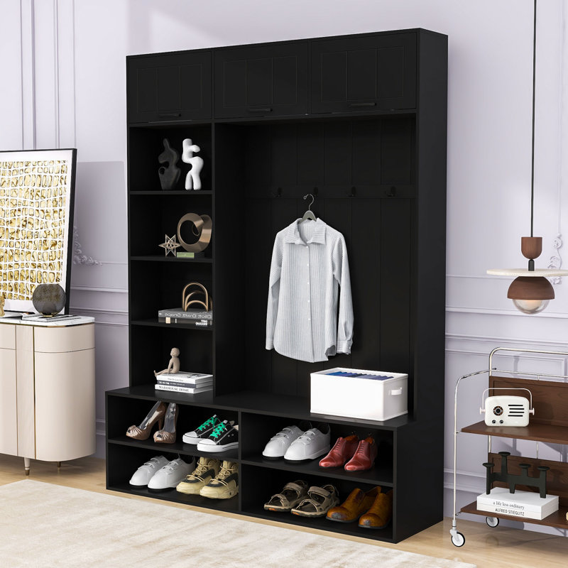 Arbre d'entrée de ferme avec banc, rangement pour chaussures, 4 crochets et tablettes réglables, Black