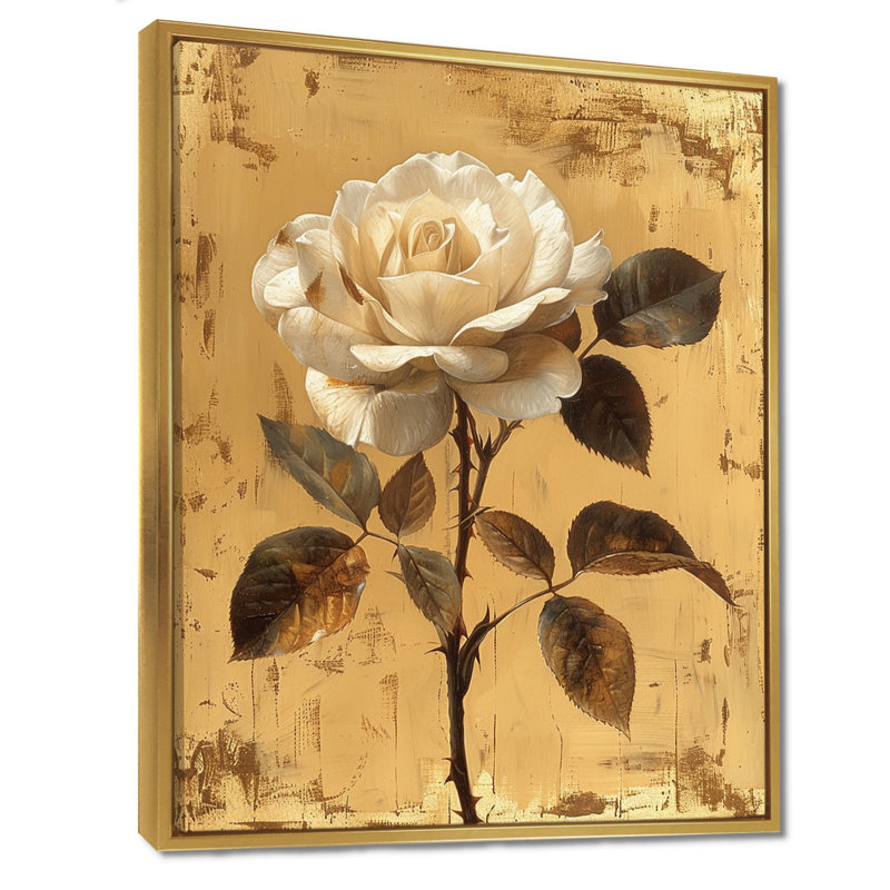 Rose blanche sur fond doré rétro - rose, art mural, Toile avec cadre flottant or, H 32 po x l 24 po x P 1 po