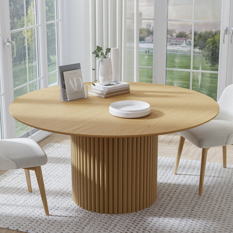 Maianh Round Solid and Manufactured Wood Pedestal Dining Table, 30"H x 60"L x 60"W, Natural Wood