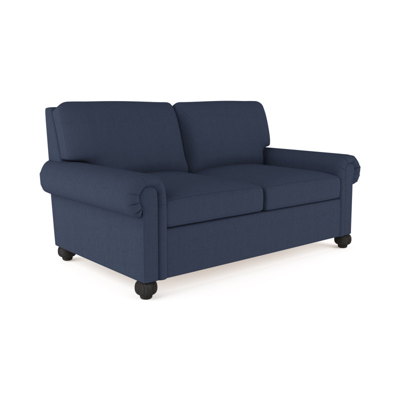 Causeuse Leroy, Patiné, Lin à tissage carré imprimé bleu, H 36 po x l 72 po x P 43 po