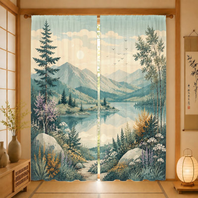 2Pcs Vintage Landscape Lake Curtains, Light Filtering Fabric, Serene Mountain Scenery Print, Rod Pocket Design, Decorative for Living Room, Bedroom, Balcony, Kitchen