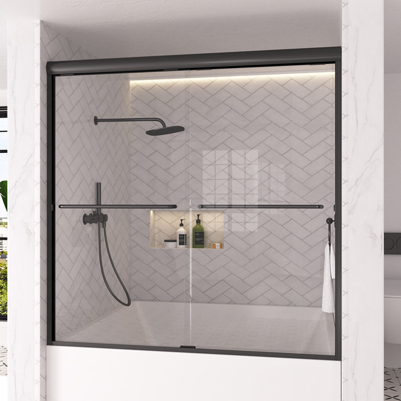 Shine 60 In. W X 56 In. H Semi-Frameless Sliding Tub Door In Matte Black With 1/4 In. Clear Tempered Glass, Matte Black