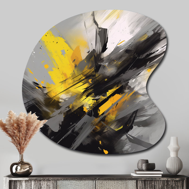 Décoration murale irrégulière jaune et gris en forme de goutte géométrique abstraite, H 33 po x l 33 po
