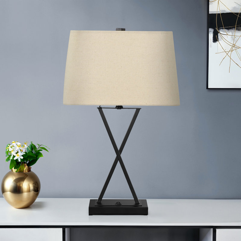H 25 po, lampe de table, port USB inclus, métal noir, abat-jour beige, transitionnel, éclairage, lampe de table
